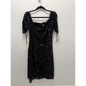 Sam Edelman Black Floral Ruched Mini Dress Size 14 Puff Sleeve Sheer Overlay